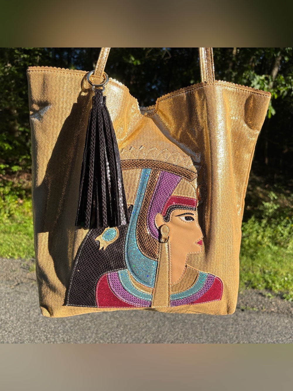 Sharif Gold Egyptian Motif Tote Bag with Tassel